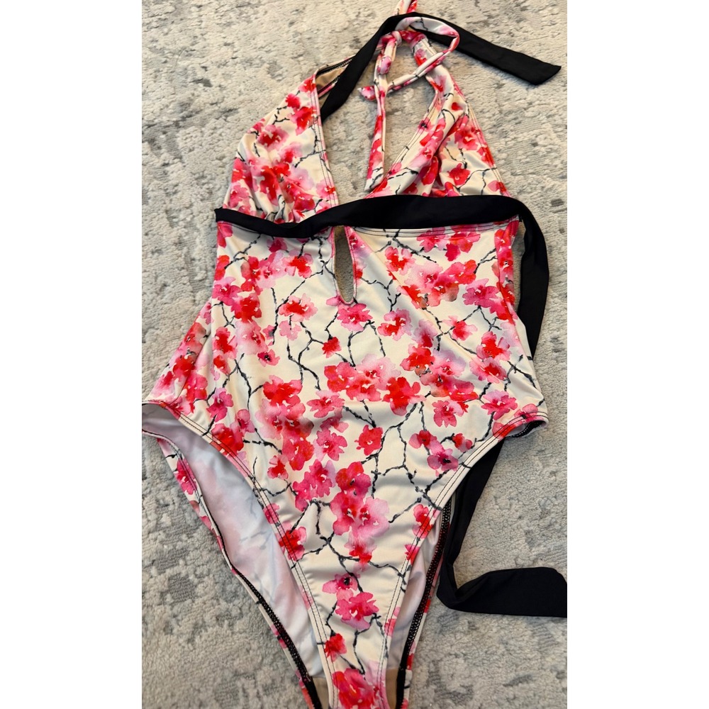 Tart‎ Swim Womens Pink Floral Cherry Blossom Halter One Piece Swimsuit Size M